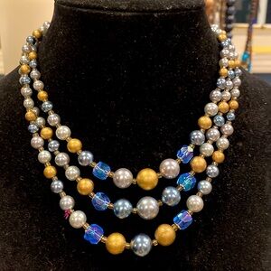 Japan 3 Strand Beaded Necklace  Gold Tone Findings